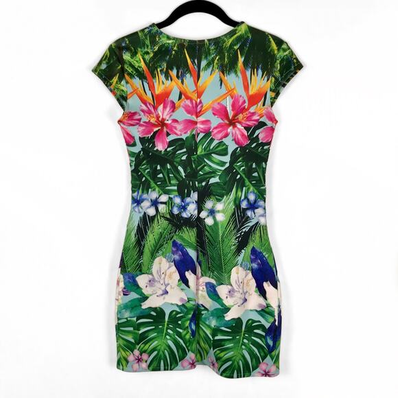 Bodycon Colorful Tropical Floral Print Slit Front Micro Mini Dress, Size XS - Picture 5 of 8